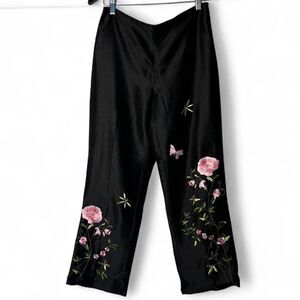 VTG Ann Taylor 100% Silk Black Dress Pants w/ Floral Butterfly Embroidery Sz 2